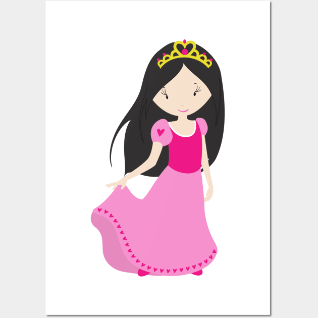 Cute Princess, Crown, Black Hair, Pink Dress Wall Art by Jelena Dunčević